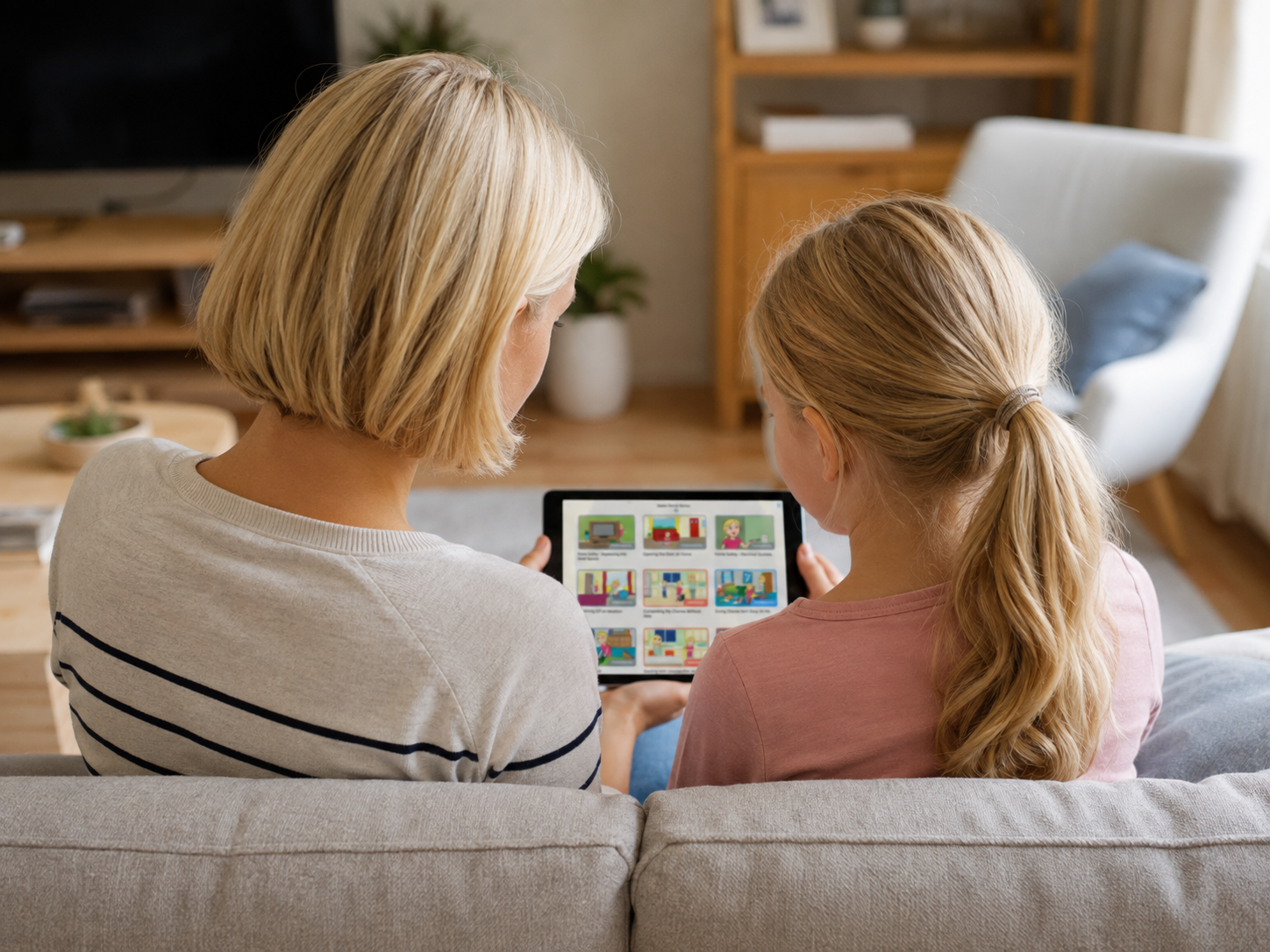 A parent and young child color together at the kitchen table