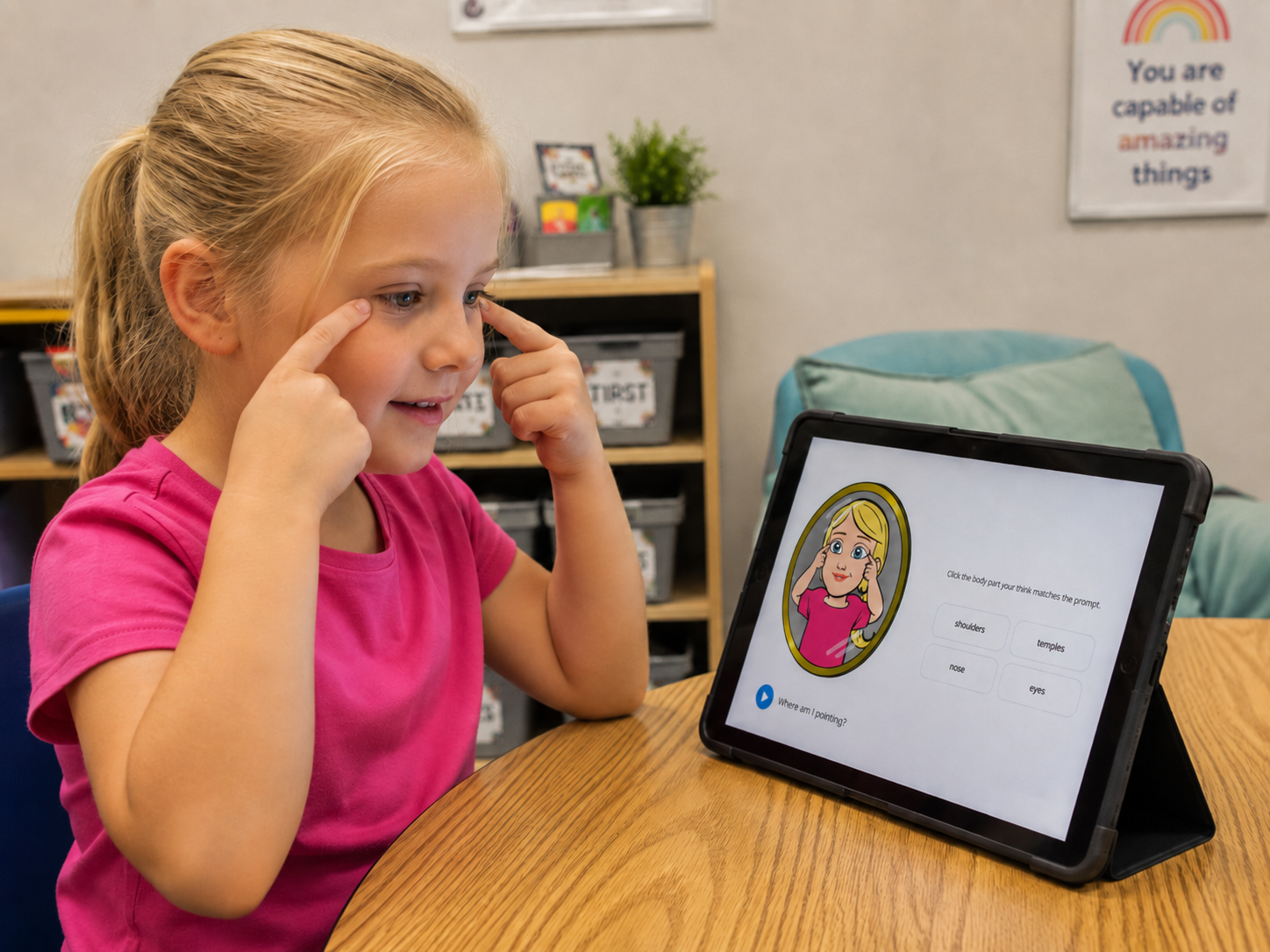 A smiling girl in a red shirt plays a learning game on a tablet