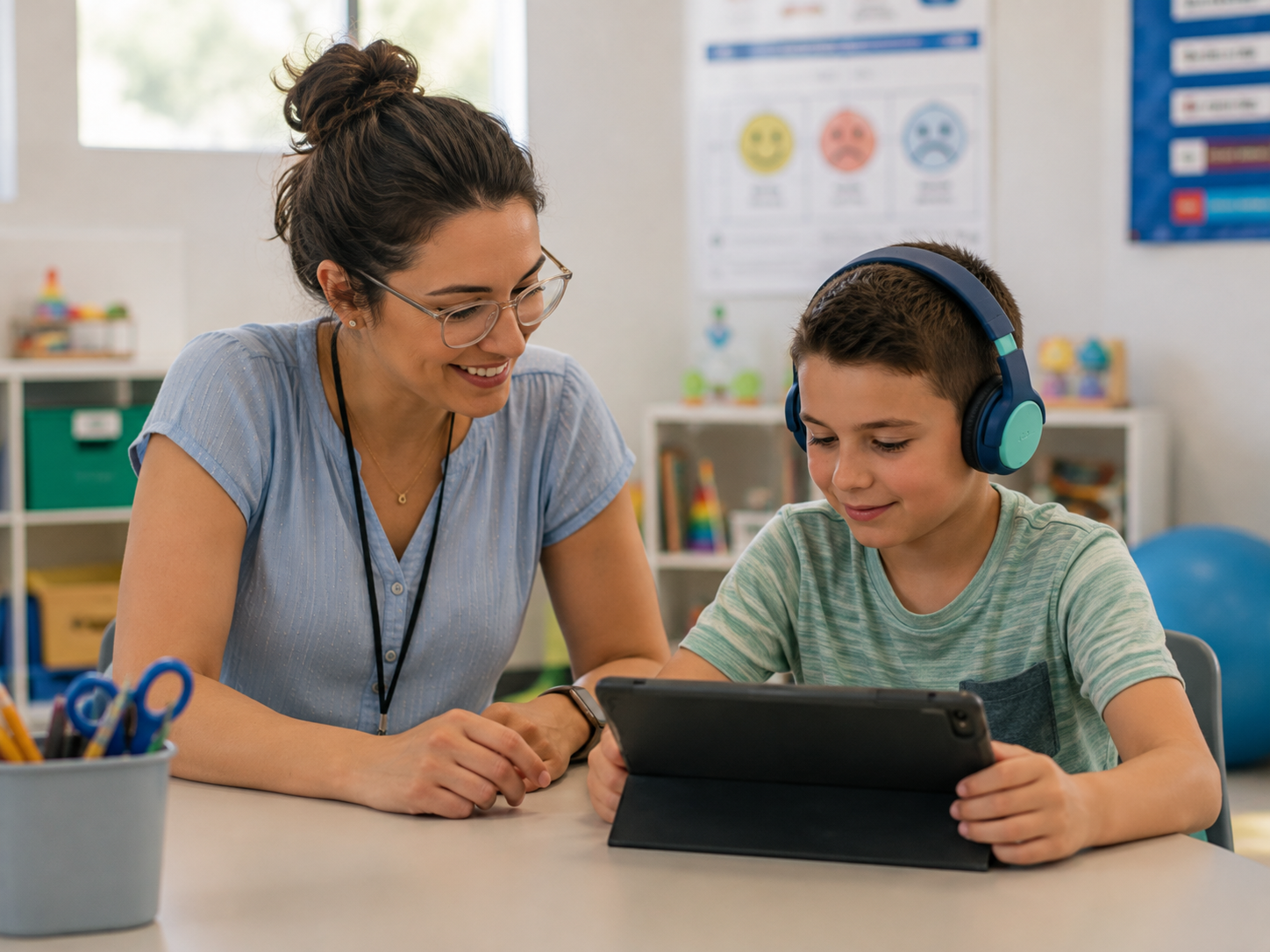 A therapist gives a young student a celebratory high five at a classroom table