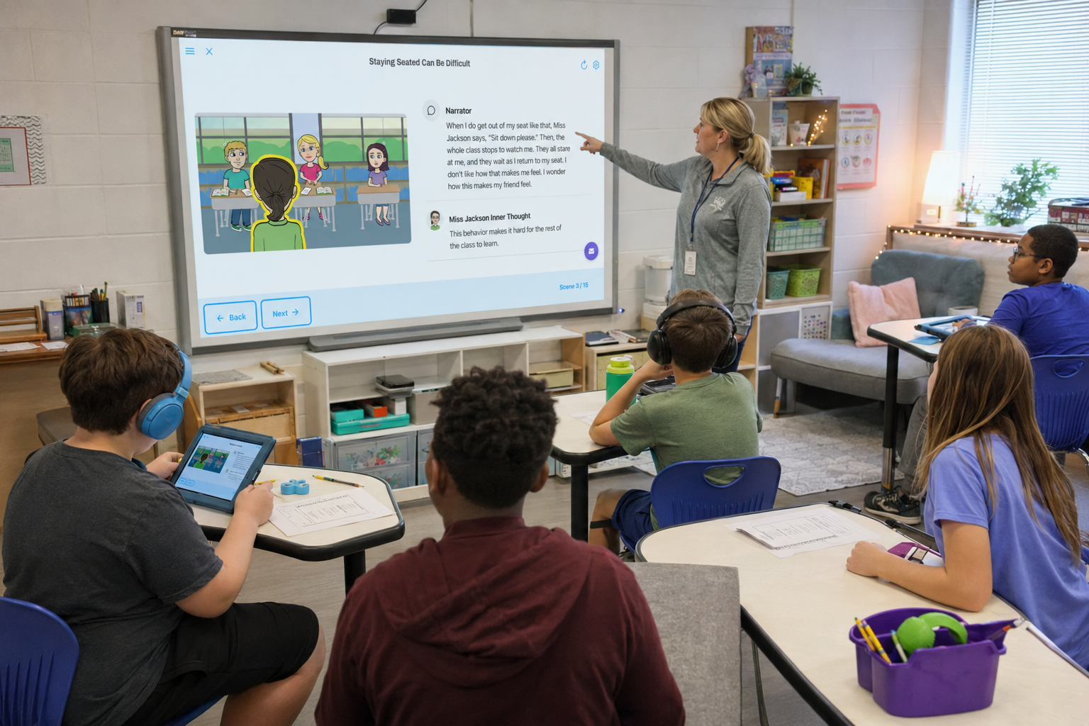 A teacher high-fives a smiling student at her desk while classmates work nearby