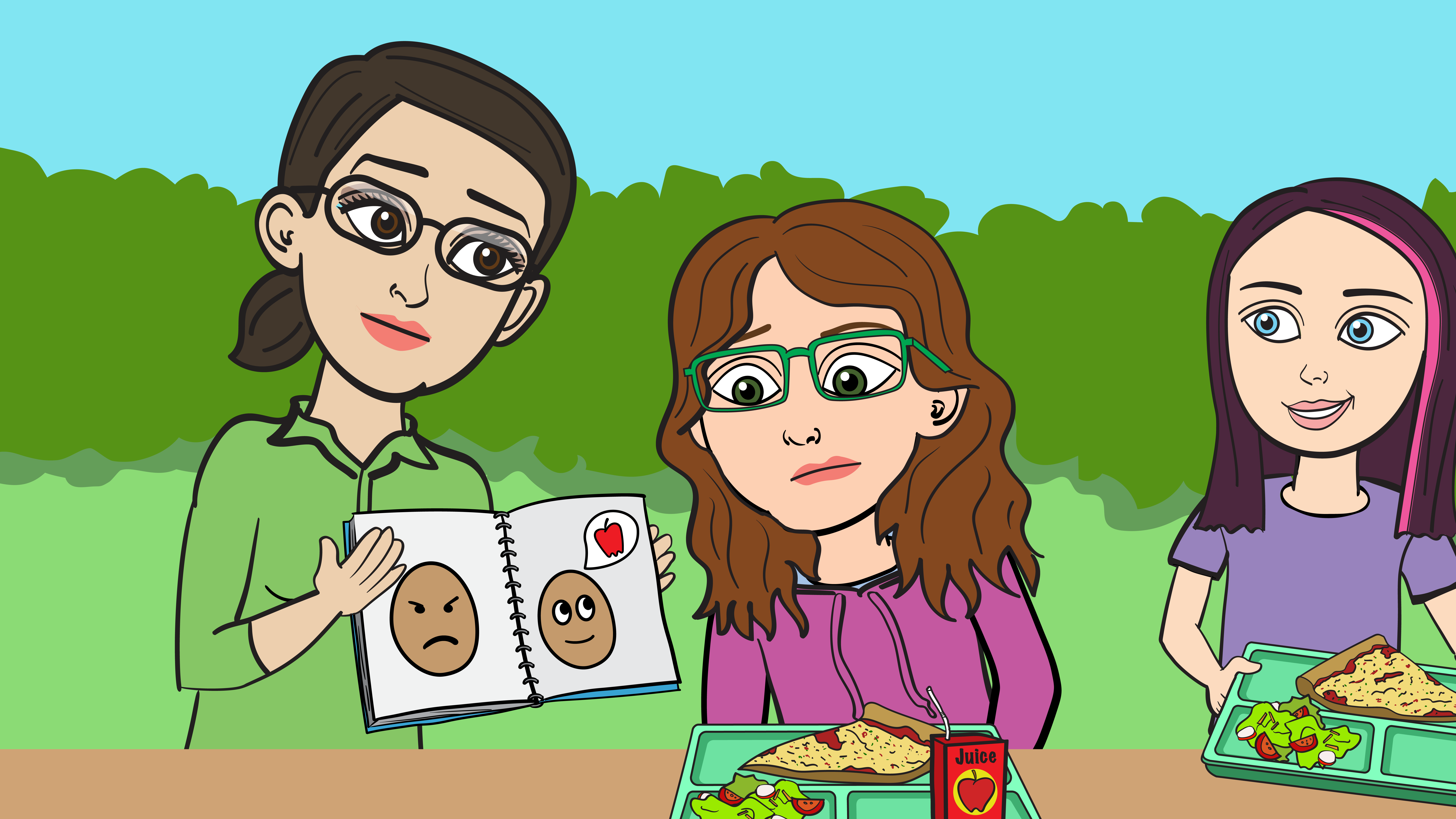 Story scene: a teacher is showing two girls a book with faces that are showing emotions sad and happy