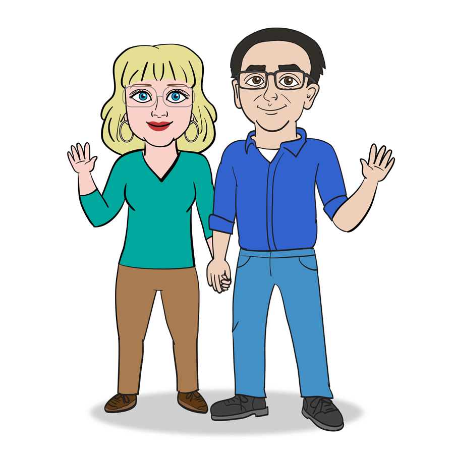 Lois and David Kalmick as their Speech Kingdom avatars, holding hands and waving