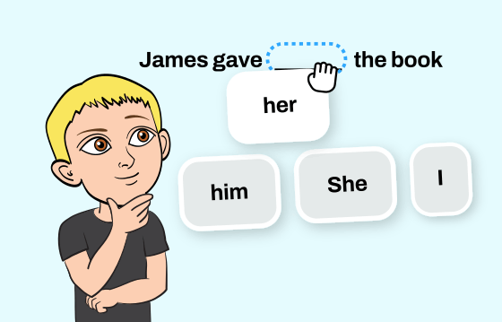 Pronouns game screen: completing the sentence with her, him, she, or I