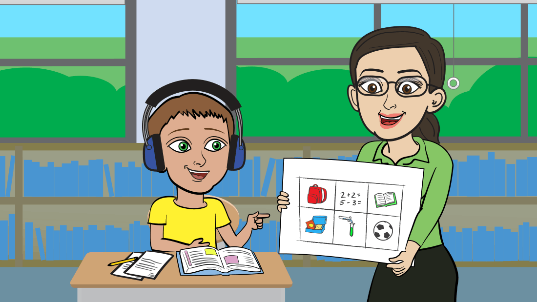 Story scene: a teacher shows a student a picture board of calm-down choices