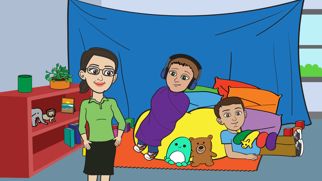 Story scene: students relax in a cozy classroom calm-down corner with a blanket fort