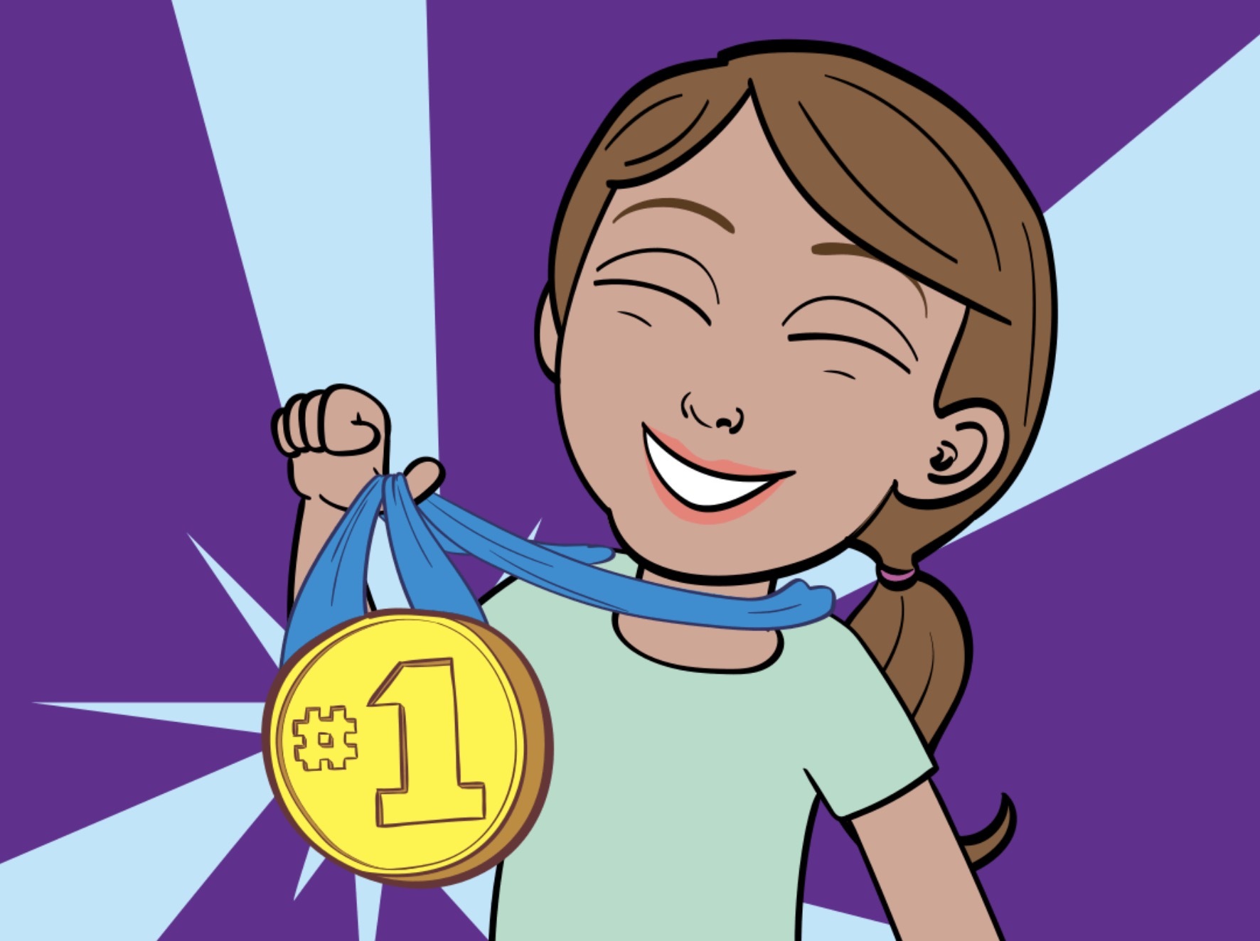 Story scene: a girl proudly holds up the medal she earned