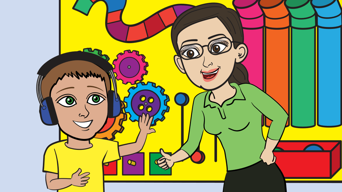 Story scene: a boy and his teacher explore a colorful sensory wall together