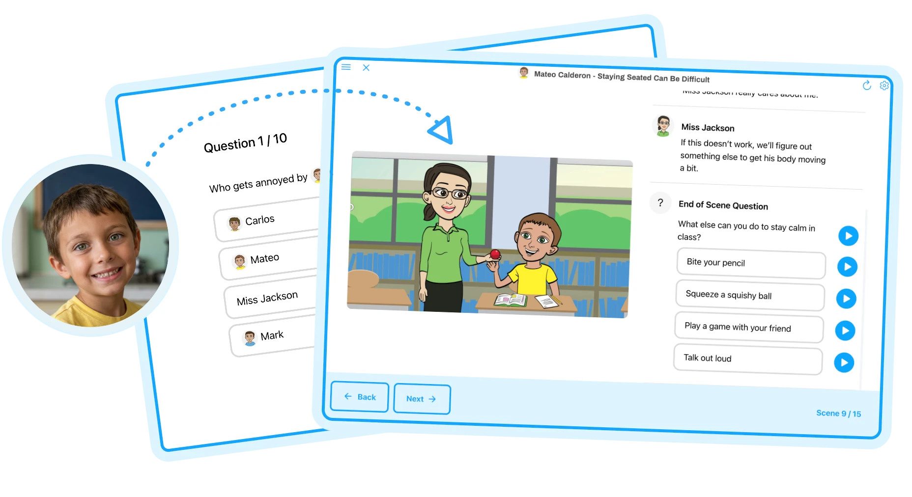 A Speech Kingdom story scene beside the smiling student whose personalized avatar stars in it