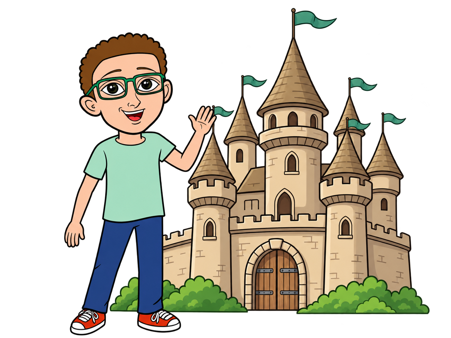 A smiling student standing beside the Speech Kingdom castle illustration