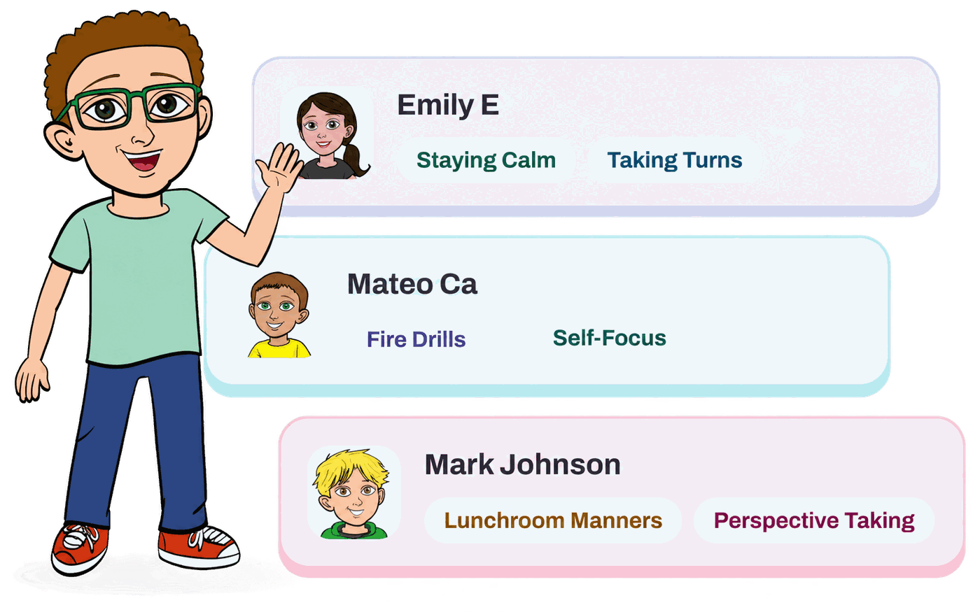 Student avatar beside a roster of personalized social story skill cards, including staying calm, taking turns, and perspective taking